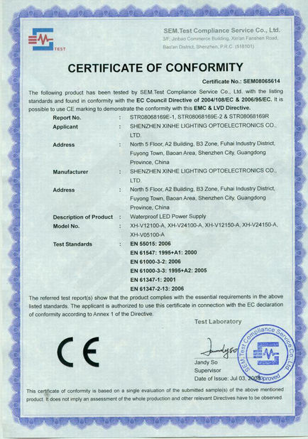 China Shenzhen Xinhe Lighting Optoelectronics Co., Ltd. certificaten